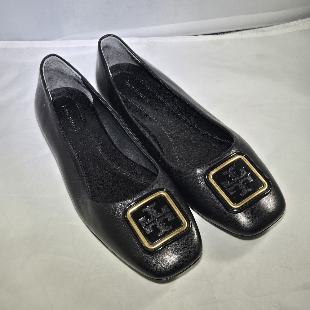 Tory Burch Flats Georgia Square Toe Leather Black Shoes 8M EUC